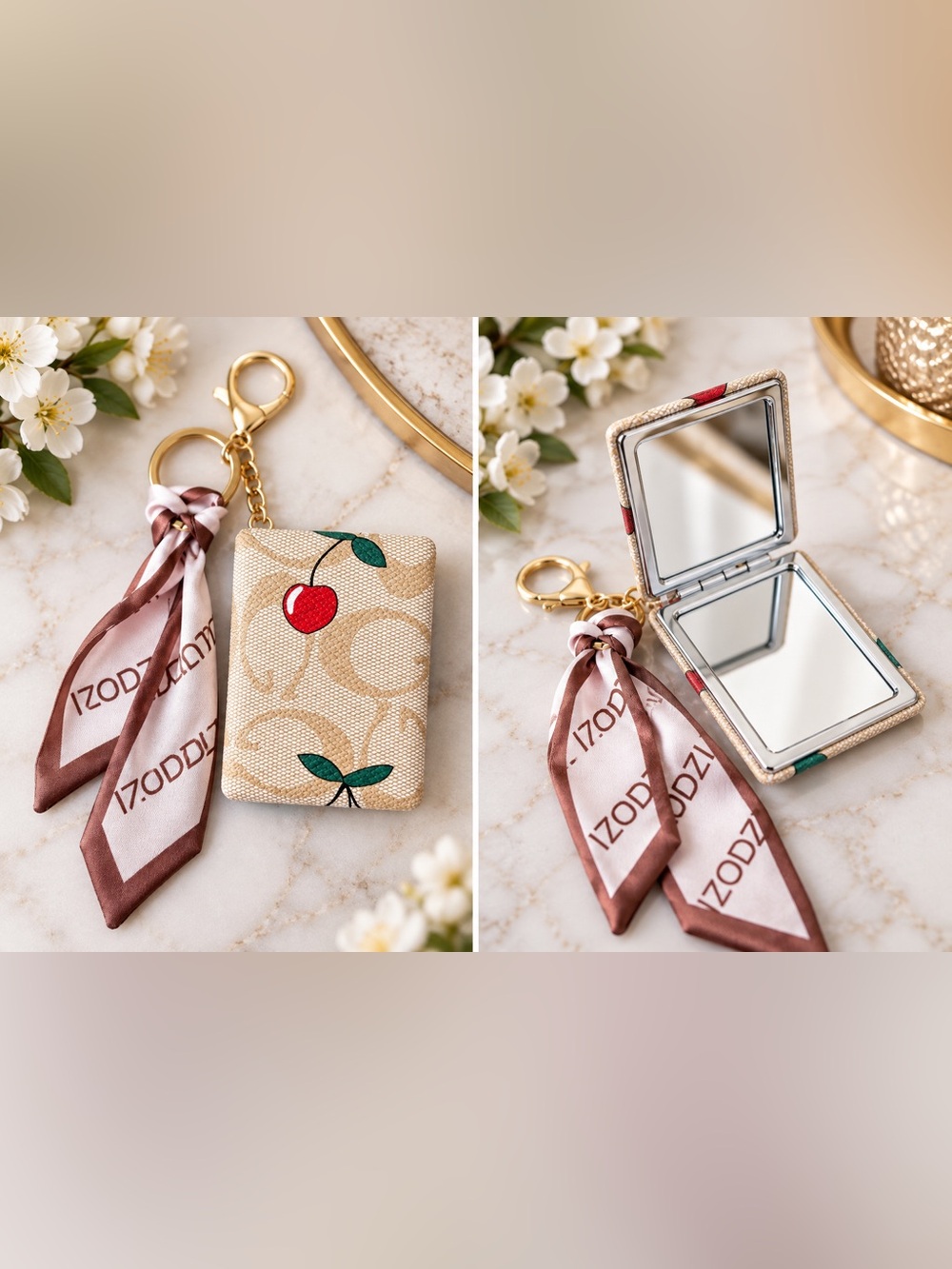 Cherry Print Tan Compact Mirror with Accent Scarf